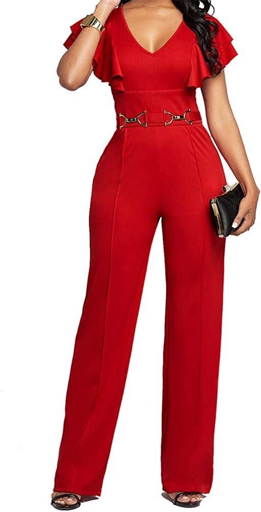 In Style Red Bodycon Short Ruffle Sleeve Jumpsuit - ZyraLux Jumpsuits & Rompers