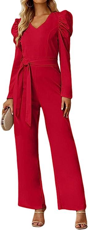 Chic Red Puff Sleeve Belted Jumpsuit - ZyraLux Jumpsuit