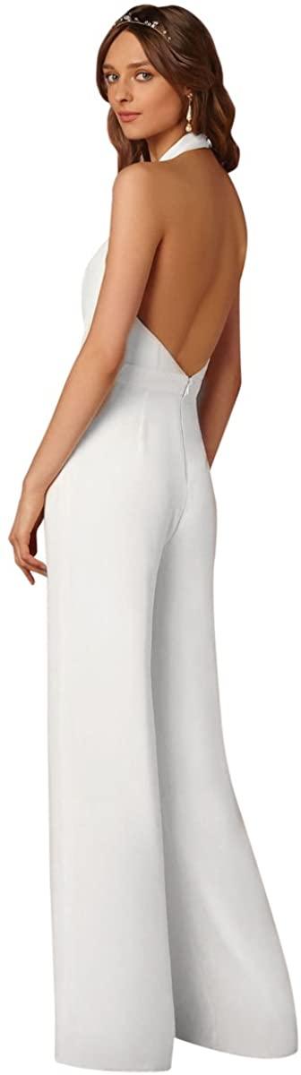 Halter Deep V-Neck White High Waisted Wide Leg Jumpsuit - ZyraLux