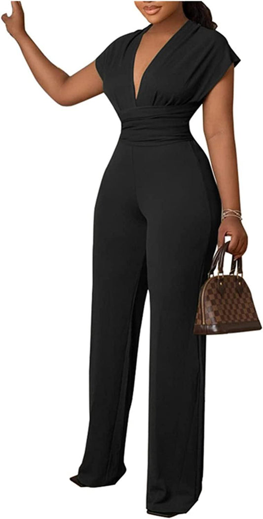 Elegant Black Deep V-Neck High Waist Peplum Tie Jumpsuit - ZyraLux