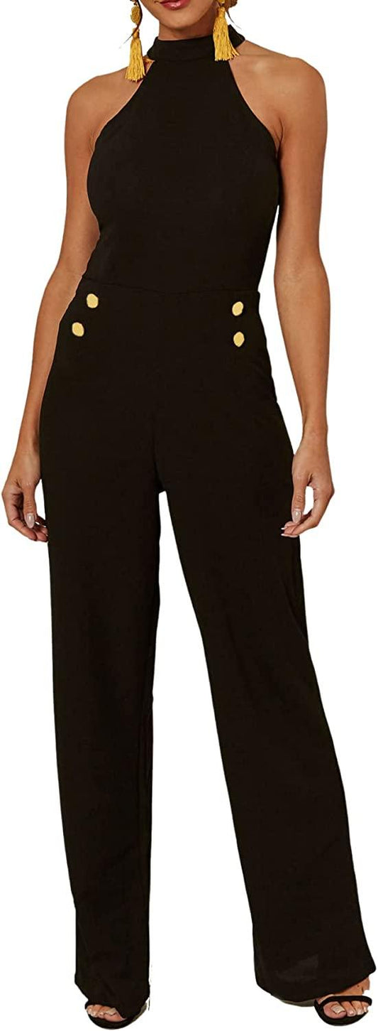 Elegant Black Halter Sleeveless Flare Leg Jumpsuit - ZyraLux Jumpsuits & Rompers