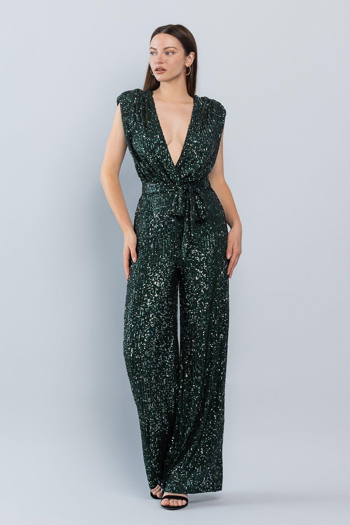 London Chic Emerald Green Deep V Power Shoulder Sequined Jumpsuit - ZyraLux