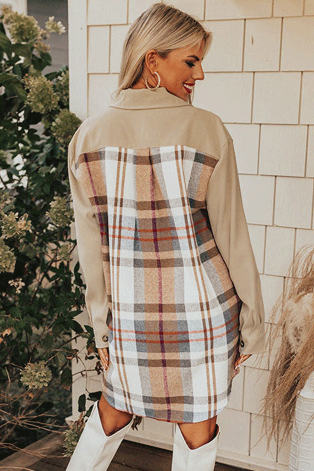 Chique Khaki Plaid Patchwork Lange Mouw Shirtjurk