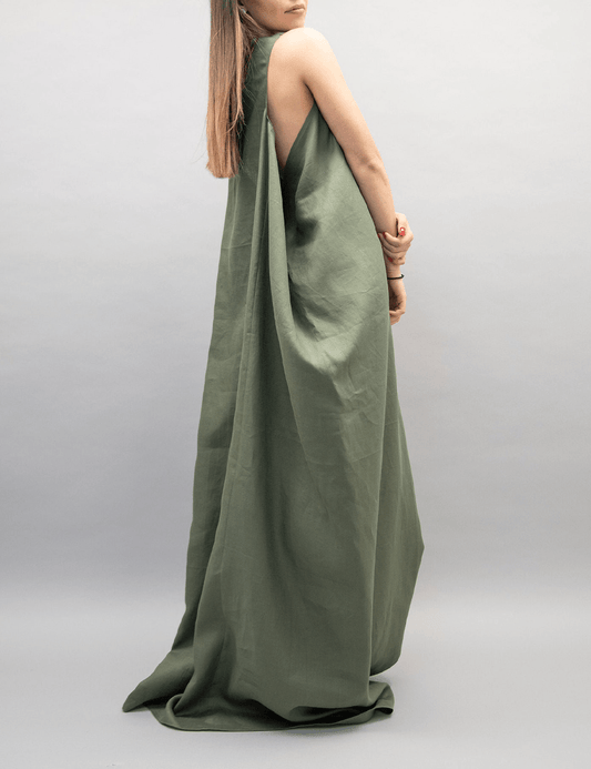 Forest Whisper Draped Gown | Green | Elegant Minimalism | Linen Blend - ZyraLux Kleding en accessoires