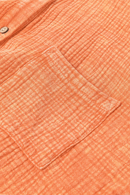 Chique oversized oranje gekreukelde overhemdjurk met twee borstzakken