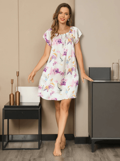 MARIT - Floral Pattern Silk Nightgown, Elegant and Casual - ZyraLux Nightgown