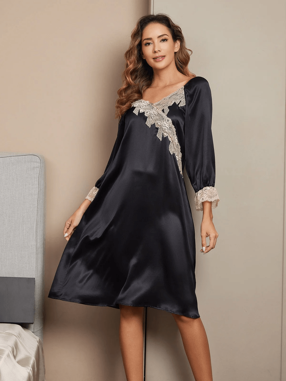 MATHILDE - Midi Silk Nightgown with Long Sleeves and Lace - ZyraLux Nightgown