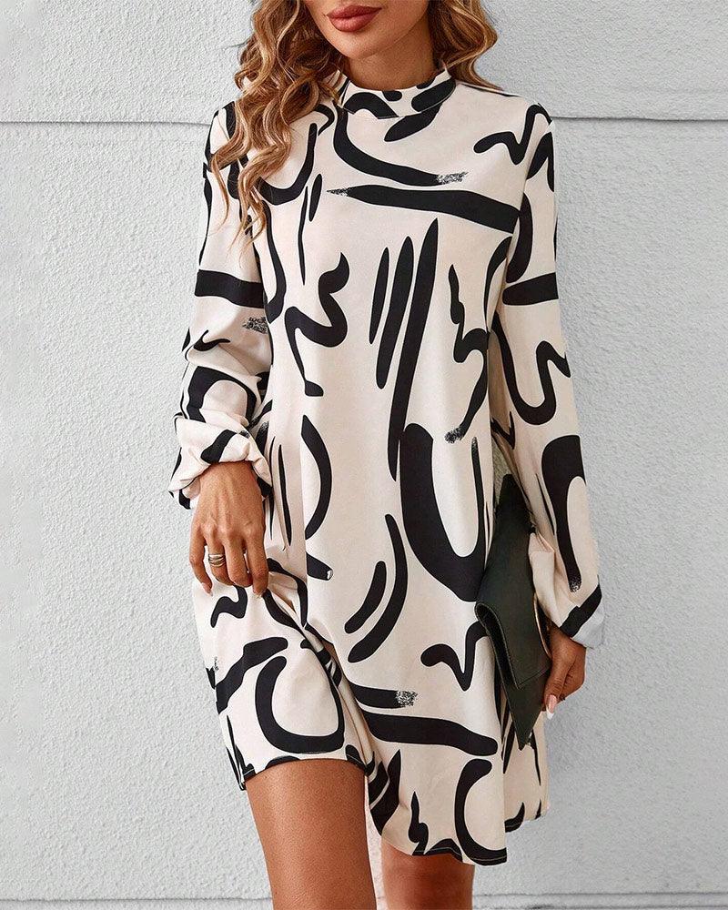 Dina - Graffiti Print Dress with Stand-Up Collar - ZyraLux