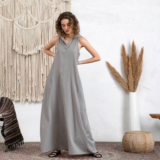 Effortless A-Line Maxi Dress | Grey | Casual Elegance | Linen-Cotton Blend - ZyraLux Kleding en accessoires