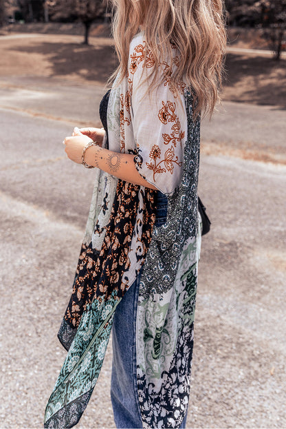 Groene Boho Bloemenprint Onregelmatige Zoom Flowy Kimono