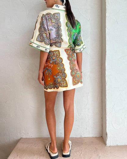 Bohemian Mosaic Shirt Dress | Beige | Artistic Elegance | Silk Blend - ZyraLux Kleding en accessoires