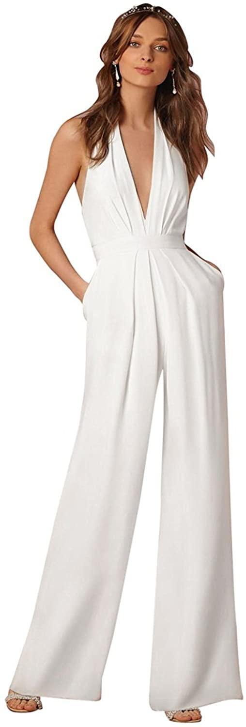 Halter Deep V-Neck White High Waisted Wide Leg Jumpsuit - ZyraLux