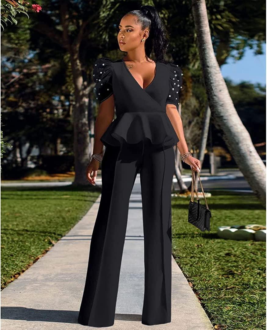 Ruffled Peplum Black Elegant Two Piece Jumpsuit - ZyraLux Jumpsuits & Rompers