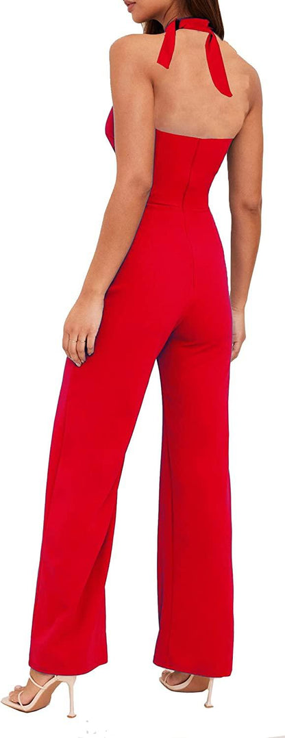 Elegant Red Halter Sleeveless Flare Leg Jumpsuit - ZyraLux Jumpsuits & Rompers