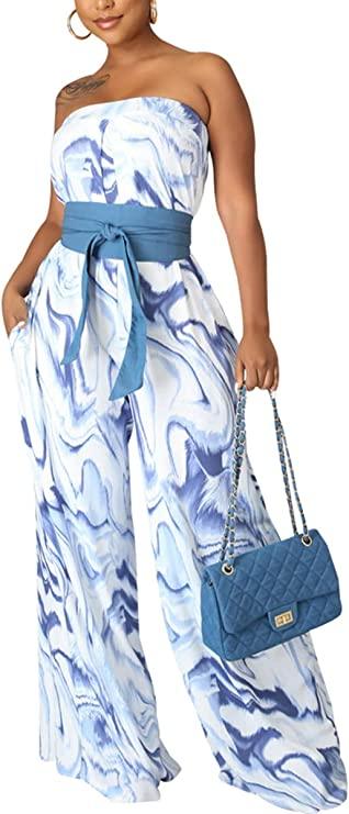 Mosaic Blue Strapless Wide Leg Jumpsuit - ZyraLux Jumpsuit