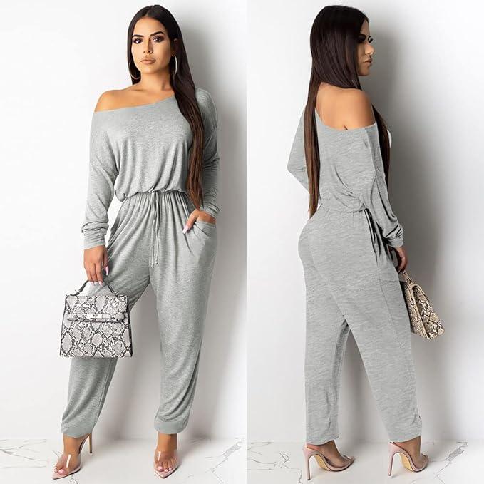 Comfy Knit Grey Off Shoulder Long Sleeve Jumpsuit - ZyraLux