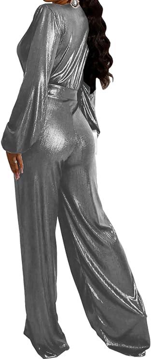 Glamourous Metallic Silver Long Sleeve V Cut Jumpsuit - ZyraLux