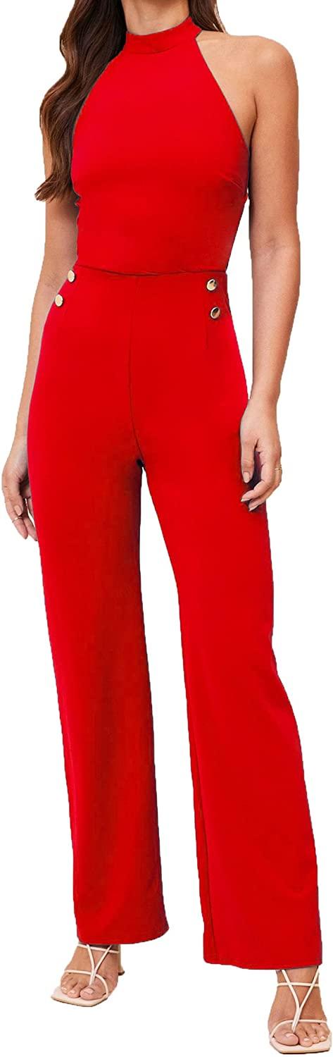 Elegant Red Halter Sleeveless Flare Leg Jumpsuit - ZyraLux Jumpsuits & Rompers