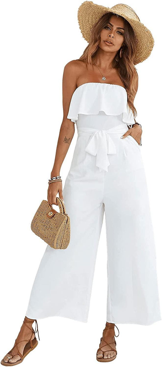 Strapless Ruffle Trim Witte Hoge Taille Romper Jumpsuit met Riem