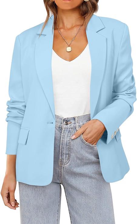 Business Savvy Light Blue Long Sleeve Business Blazer Jacket - ZyraLux