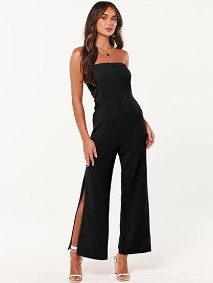 St. Thomas Black Strapless Side Slit Jumpsuit - ZyraLux Jumpsuit