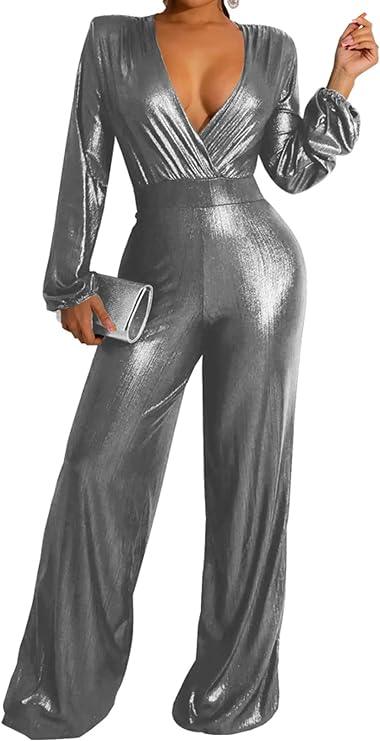 Glamourous Metallic Silver Long Sleeve V Cut Jumpsuit - ZyraLux