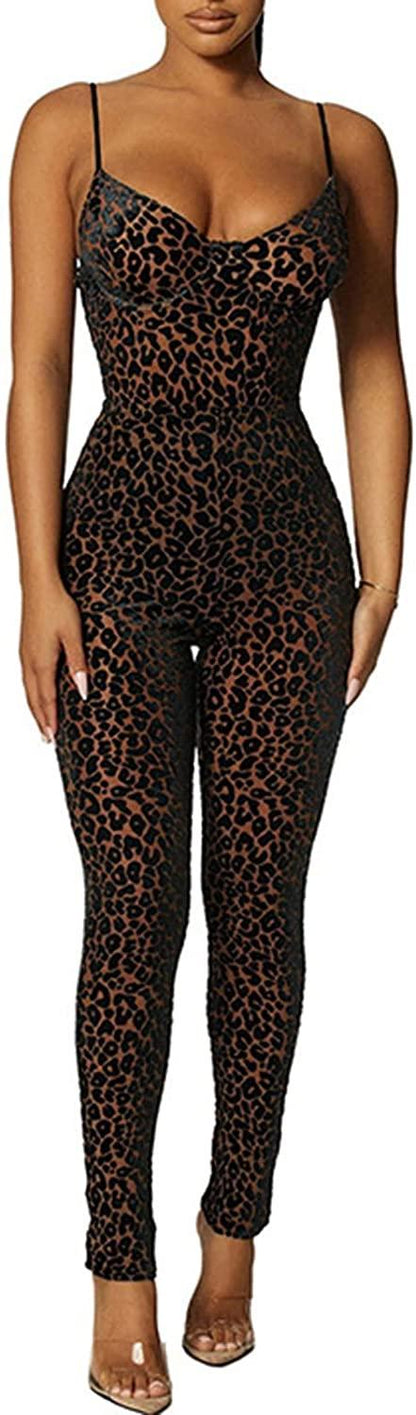 V-hals luipaardprint mouwloze bodycon jumpsuits