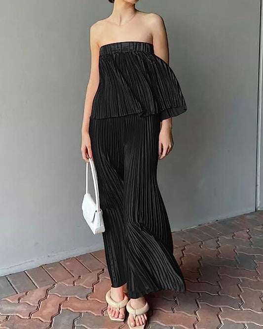 Exclusive Black Pleated Strapless Wide Leg Jumpsuit - ZyraLux Jumpsuit