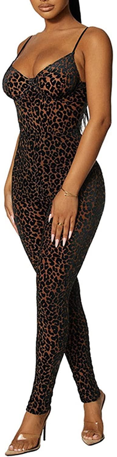 V-hals luipaardprint mouwloze bodycon jumpsuits