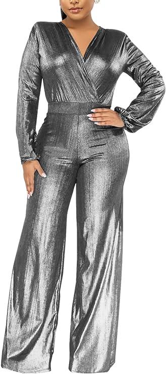 Glamourous Metallic Silver Long Sleeve V Cut Jumpsuit - ZyraLux