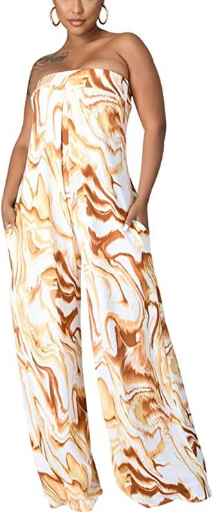 Mosaic Brown Strapless Wide Leg Jumpsuit - ZyraLux Jumpsuit