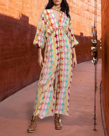 Bohemian Patchwork Maxi Dress | Color Mix | Artisanal Style | Cotton Blend - ZyraLux Kleding en accessoires