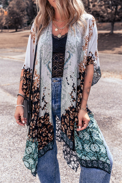 Groene Boho Bloemenprint Onregelmatige Zoom Flowy Kimono