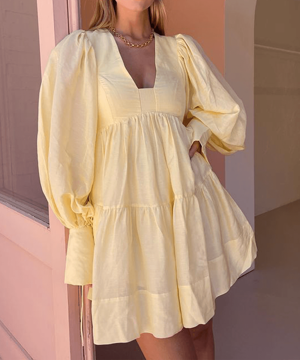 Sunshine Dreams Puff Sleeve Dress | Geel | Casual Wear | Katoenmix