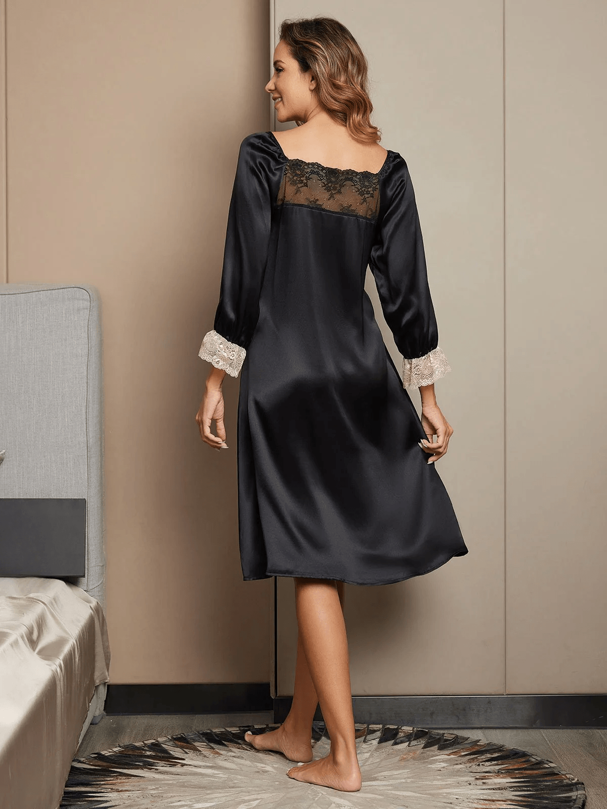 MATHILDE - Midi Silk Nightgown with Long Sleeves and Lace - ZyraLux Nightgown