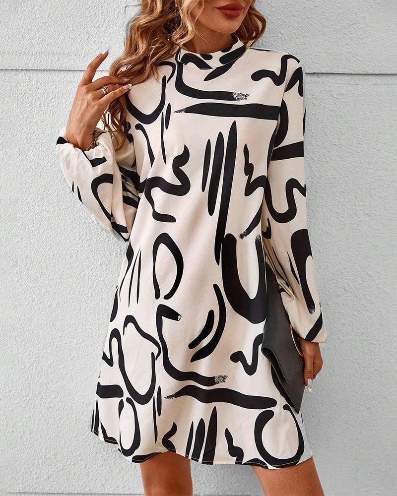 Dina - Graffiti Print Dress with Stand-Up Collar - ZyraLux