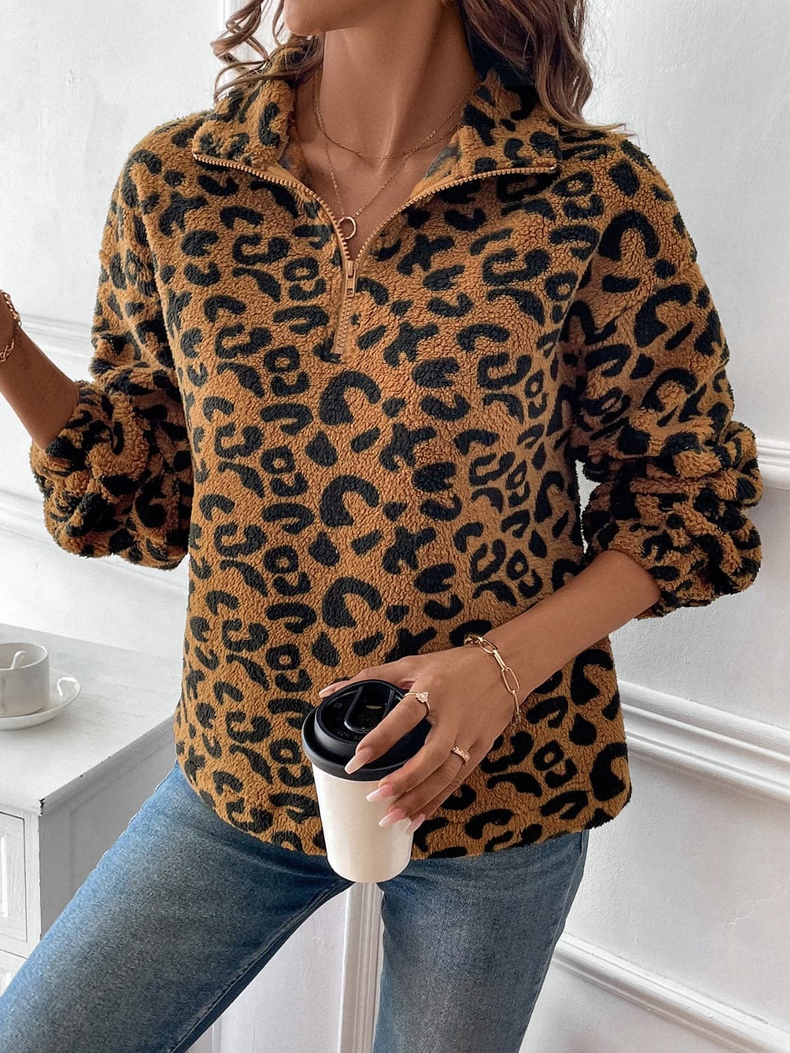 Chic luipaardprint sweatshirt met halve rits en lange mouwen