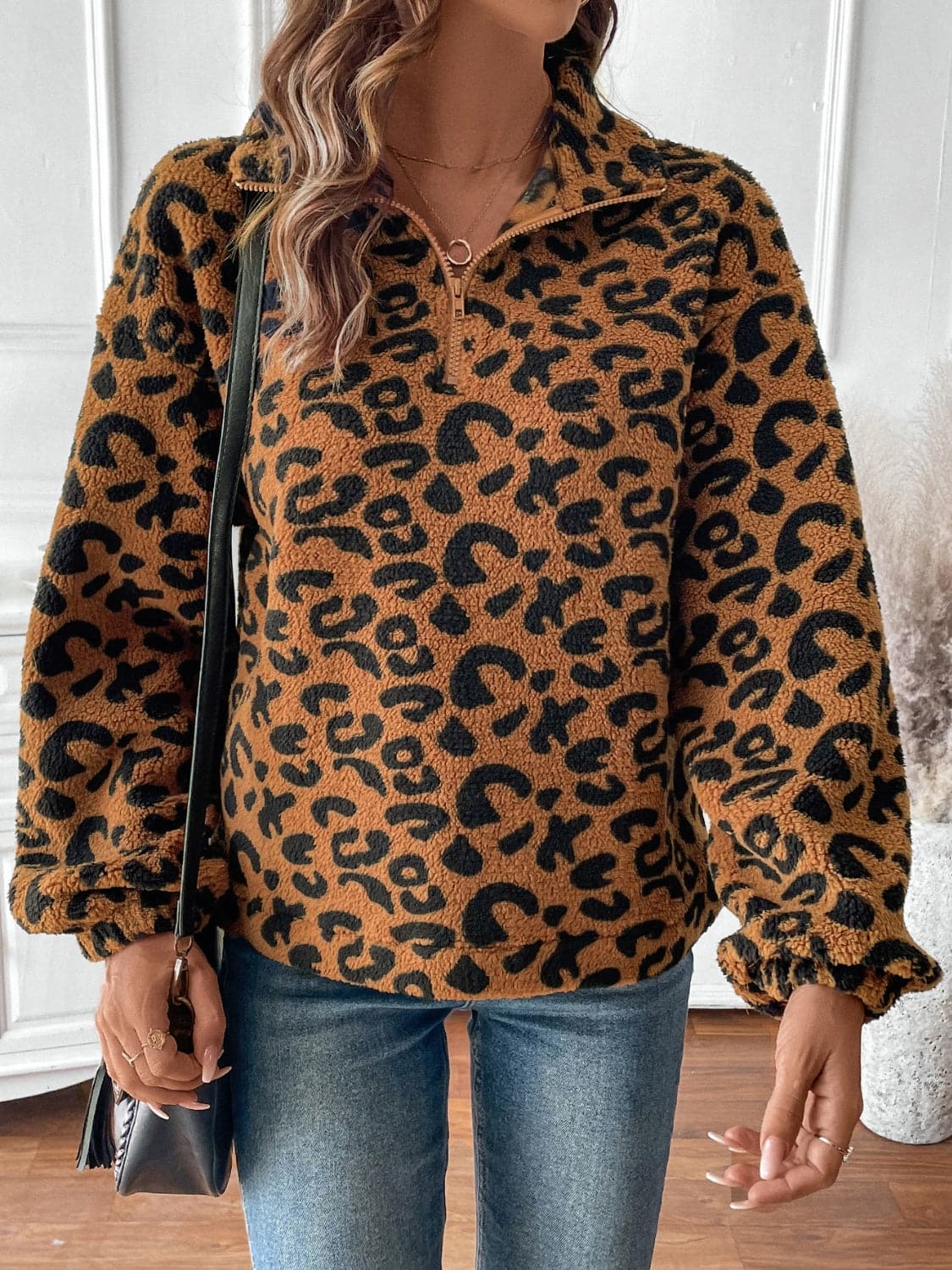 Chic luipaardprint sweatshirt met halve rits en lange mouwen