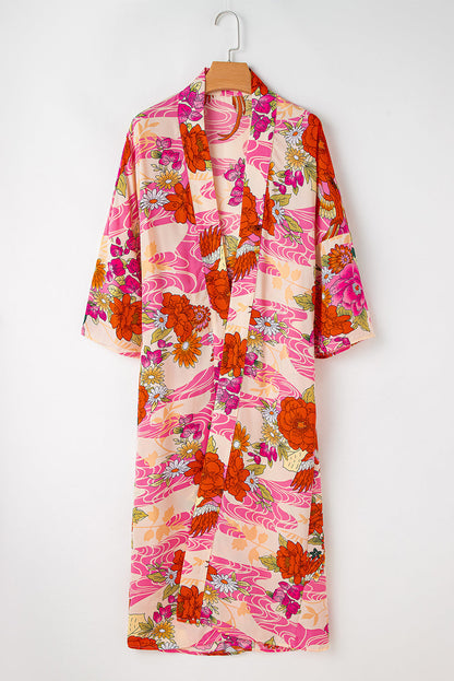 Roze bloemen allover print open voorkant riem duster kimono