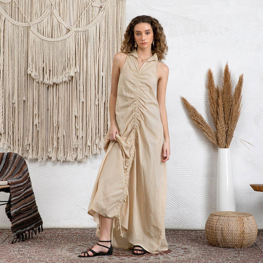 Bohemian Gathered Maxi Dress | Khaki | Boho Chic | Cotton-Linen Blend - ZyraLux Kleding en accessoires