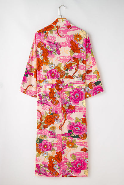 Roze bloemen allover print open voorkant riem duster kimono