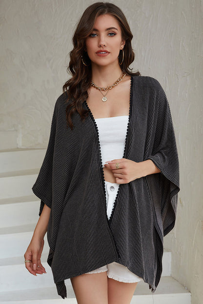 Zwarte geribbelde oversized kimono met kanten rand