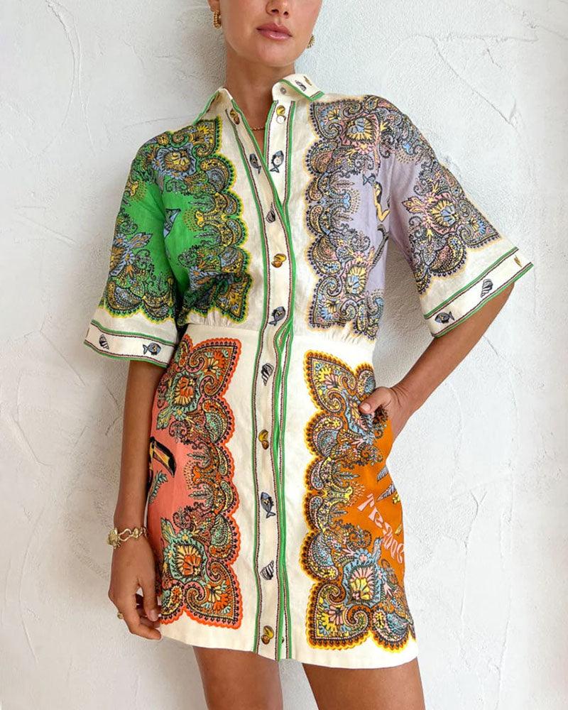 Bohemian Mosaic Shirt Dress | Beige | Artistic Elegance | Silk Blend - ZyraLux Kleding en accessoires