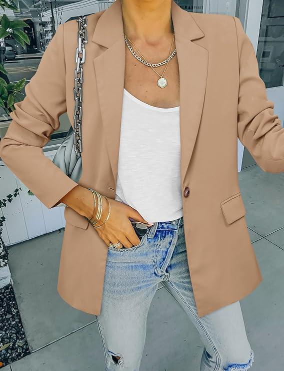 Business Savvy Khaki Long Sleeve Business Blazer Jacket - ZyraLux