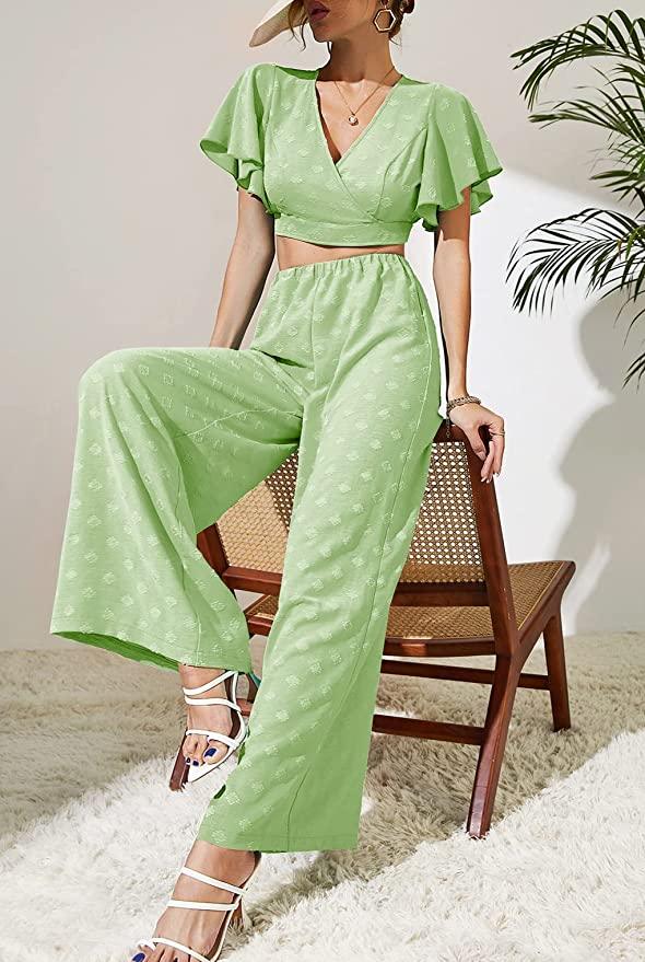 Ruffled White Wrap Top Short Sleeve & Pants Set - ZyraLux Jumpsuit