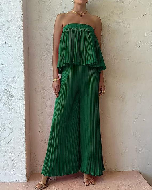 Exclusive Hunter Green Pleated Strapless Wide Leg Jumpsuit - ZyraLux Jumpsuit