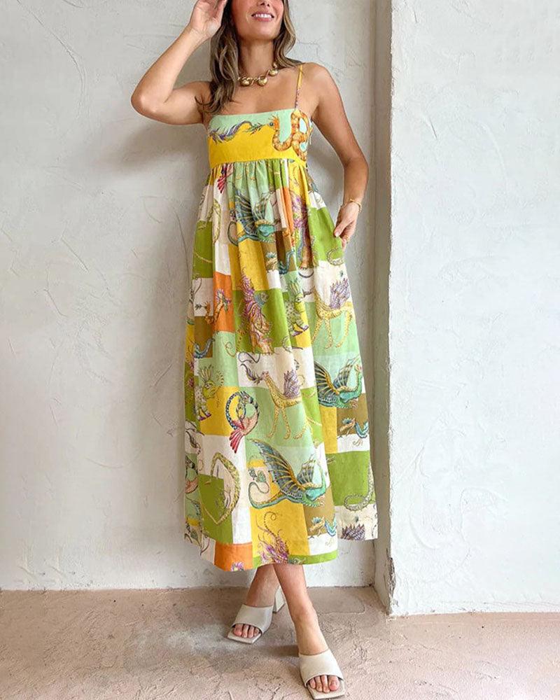 Dragon Print Empire Waist Dress | Yellow | Boho Fantasy | Cotton Blend - ZyraLux Kleding en accessoires