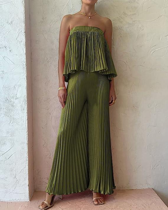 Exclusive Hunter Green Pleated Strapless Wide Leg Jumpsuit - ZyraLux Jumpsuit