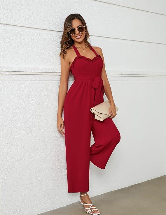 Red Ruffled Halter Style Jumpsuit - ZyraLux