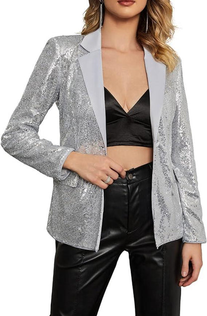 Shiny Silver Diamond Sequins Long Sleeve Blazer Jacket - ZyraLux